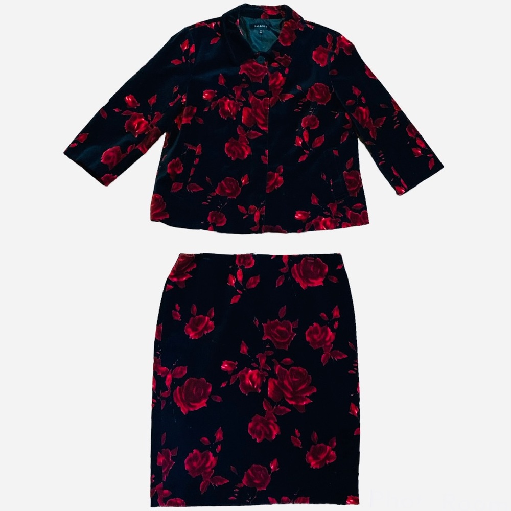 Talbots Elegant Velvet Floral Black and Red  Skirt Set